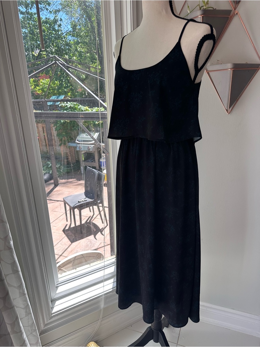 OAK + FORT Black Green Floral Ruffle Layered Spaghetti-Strap Midi Dress Size XS - Picture 2 of 13